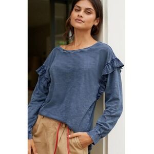 Anthropologie Pilcro‎ Ruffle Open Back Tee S Blue Long Sleeve Cotton Top Boho